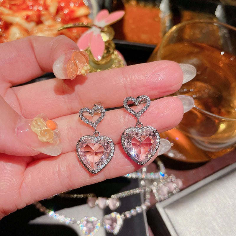 Sparkling Pink Love Gem Necklace Designer Plated 18K Gold Grape Purple Heart Zircon Wings Cat Eye Stone Necklace