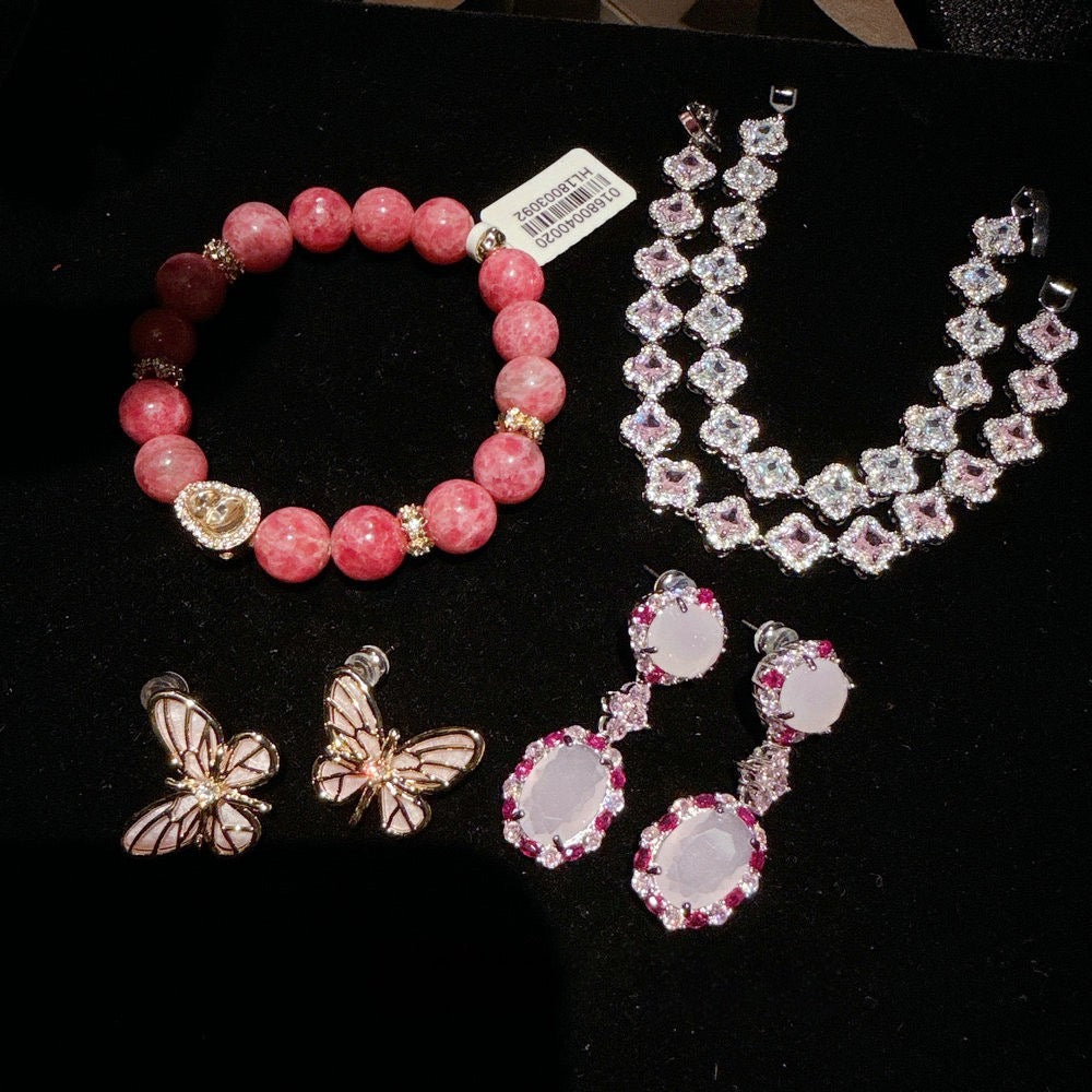 Filigree Gilded Peach Flower Sea Rose Fluorite Gourd Flower God Handstring Jewelry Pollen Zircon Bracelet Set