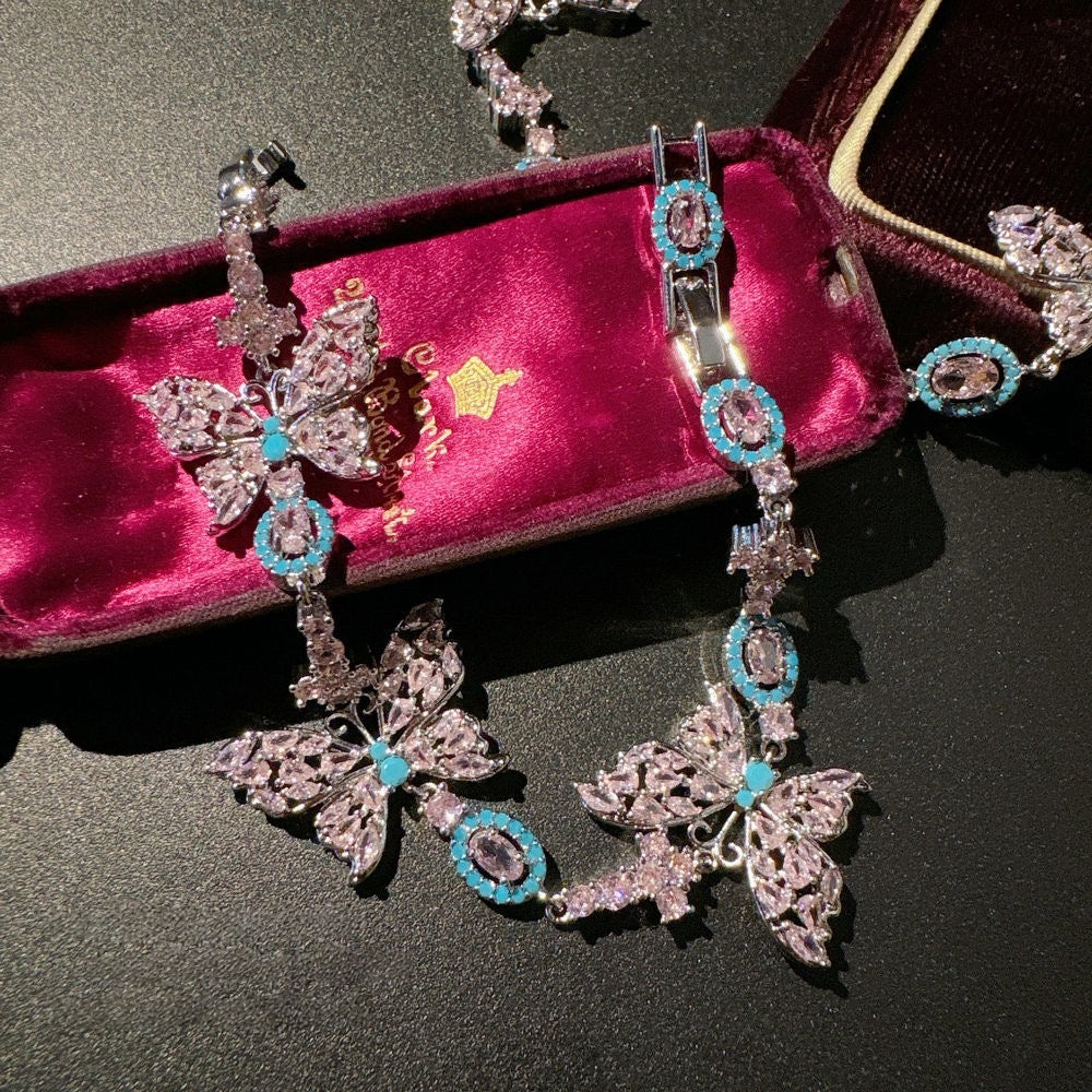 Margaret Frost Flower Butterfly Gemstone Necklace Vintage 18K Gold Plated Fairy Butterfly Zircon Bracelet Set