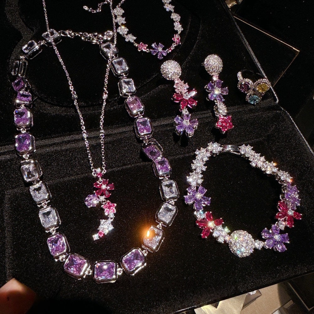 Peach Blossom Sea Iris Purple Blossom Gemstone Necklace Banquet High Order Lavender Purple Sugar Zircon Neck Chain Set