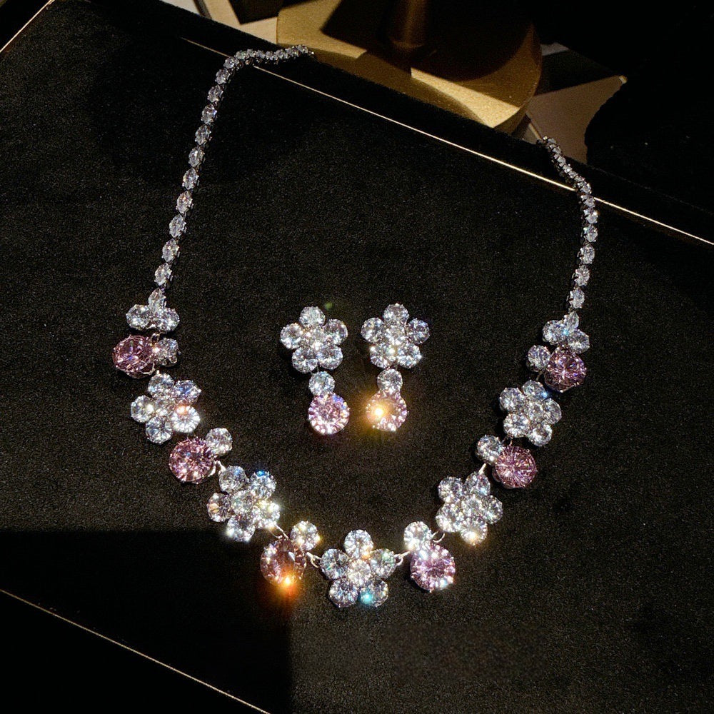 Peach Blossom Sea Sparkling Diamond Flower Necklace Banquet Wedding Rich and Noble Flower Sparkling Diamond Earring Set