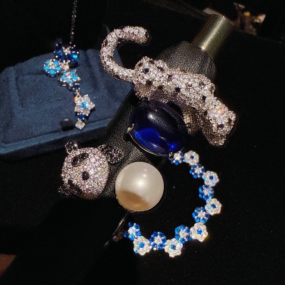 Italian Retro Royal Blue Flower Gemstone Bracelet Vintage Egg Shaped Cheetah Zircon Ring Set
