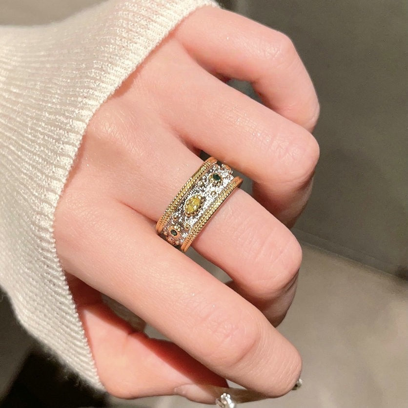 Lace Honeycomb Rainbow Gem Ring Tahiti Sea Pearl Arc Brushed Snowflake Zircon Ring Combination