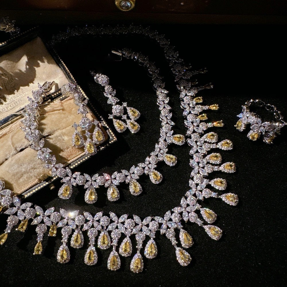 Austrian Crown Waterdrop Flower Gemstone Necklace Vintage Plated 18K Gold Twilight Yellow Teardrop Zircon Bracelet