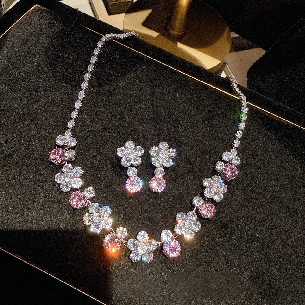 Peach Blossom Sea Sparkling Diamond Flower Necklace Banquet Wedding Rich and Noble Flower Sparkling Diamond Earring Set