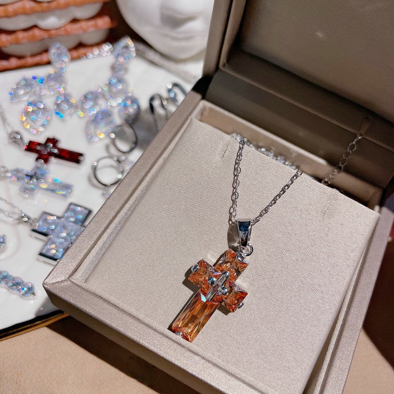 Sparkling Flowing Light Cross Gemstone Earrings Plated with 18K Gold Multi faceted Pendant, Tassel Colored Treasure Zircon Sparkling Diamond Earrings
