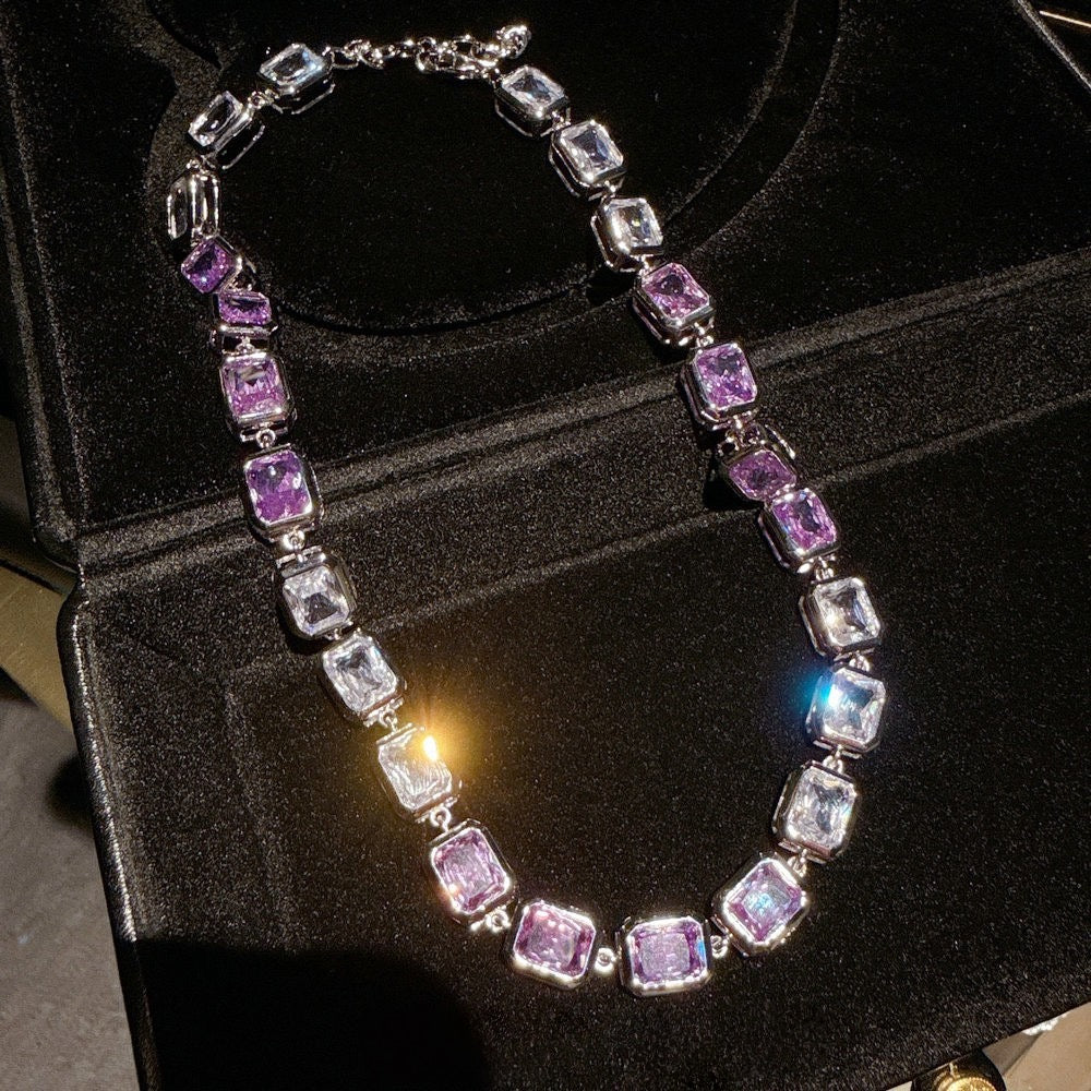 Peach Blossom Sea Iris Purple Blossom Gemstone Necklace Banquet High Order Lavender Purple Sugar Zircon Neck Chain Set