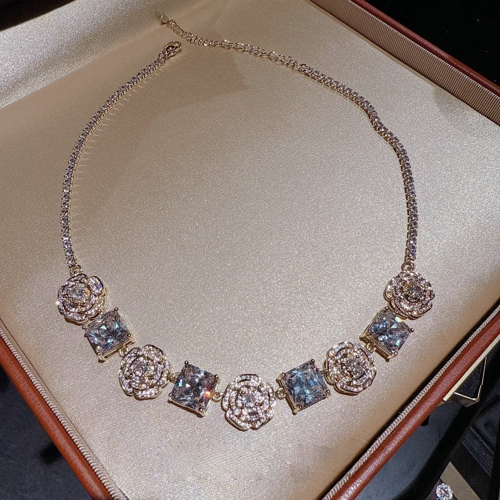Flower Fairy Rose Pink Square Gemstone Necklace Papalacha 18K Gold Plated Camellia Pollen Zircon Bracelet