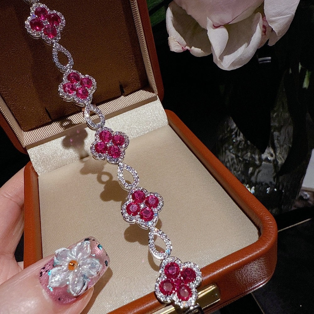Midsummer Night's Dream Ruby Bracelet Banquet High Ding Color Treasure Small Flower Zircon Bracelet Set