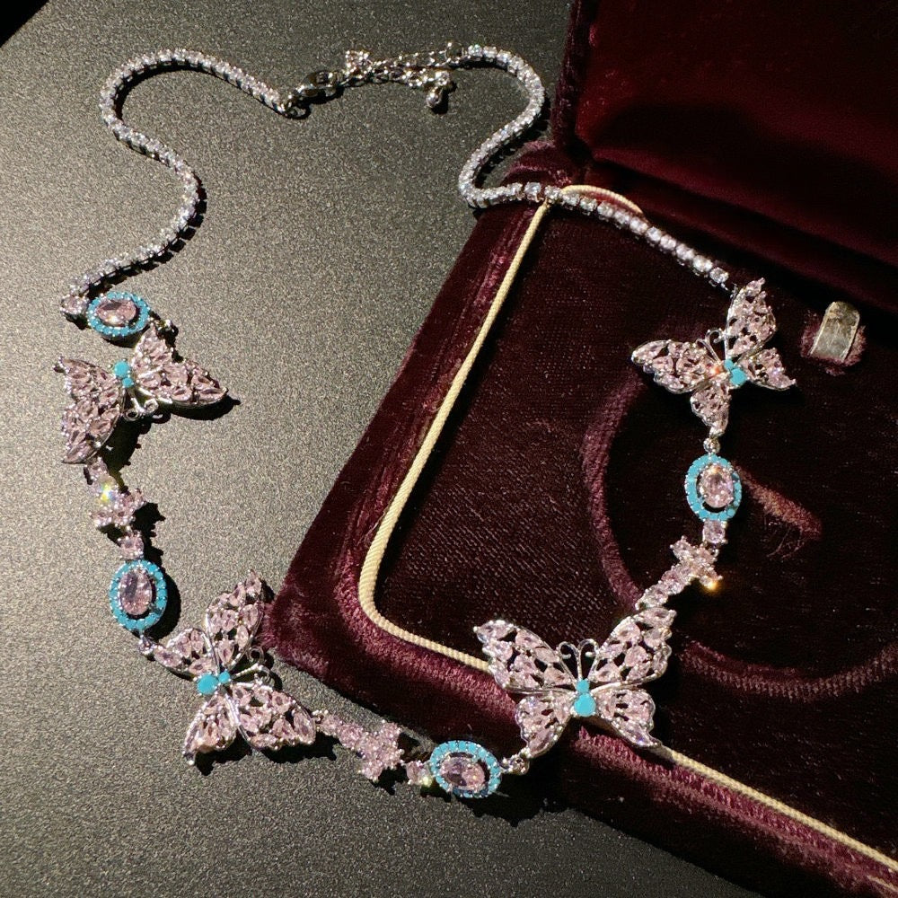 Margaret Frost Flower Butterfly Gemstone Necklace Vintage 18K Gold Plated Fairy Butterfly Zircon Bracelet Set
