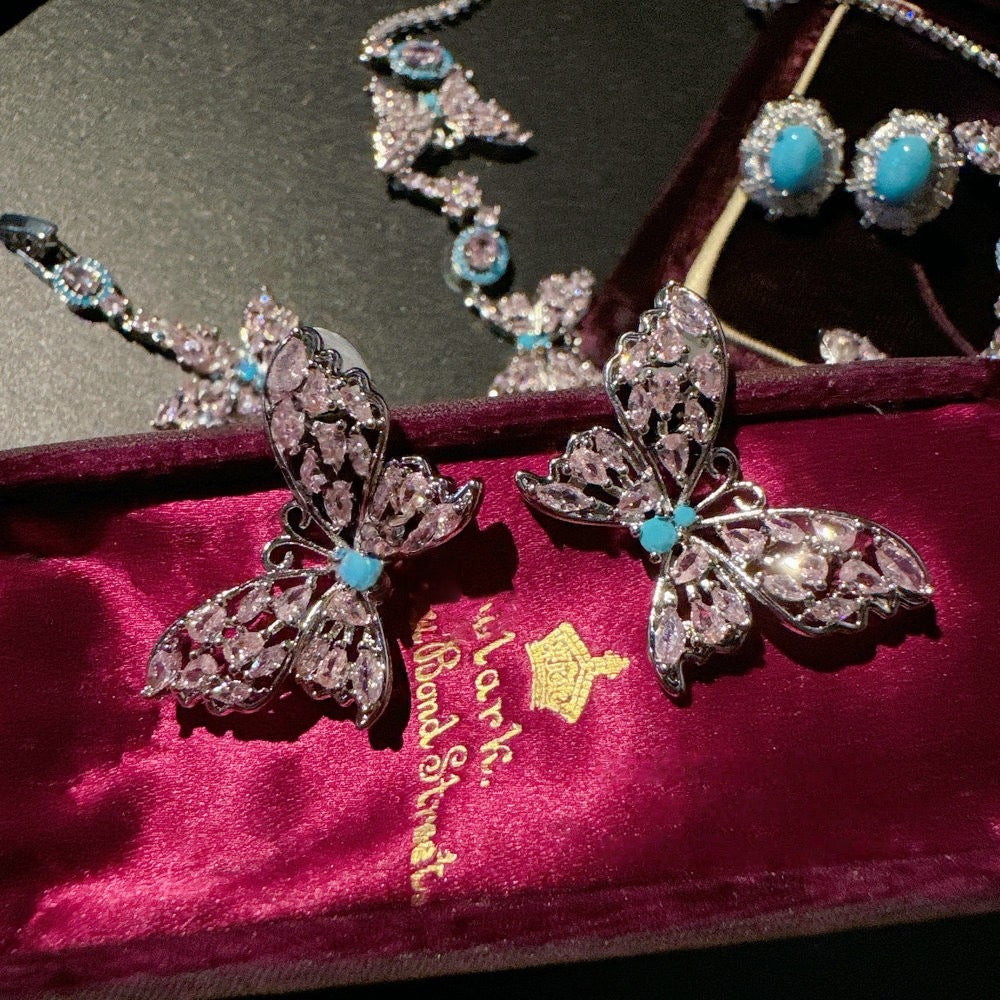 Margaret Frost Flower Butterfly Gemstone Necklace Vintage 18K Gold Plated Fairy Butterfly Zircon Bracelet Set