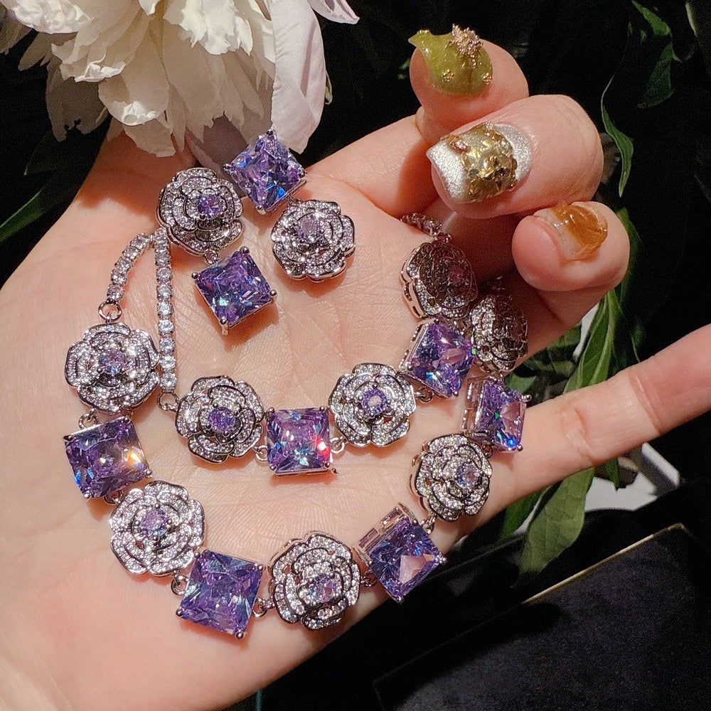 Flower Fairy Rose Pink Square Gemstone Necklace Papalacha 18K Gold Plated Camellia Pollen Zircon Bracelet
