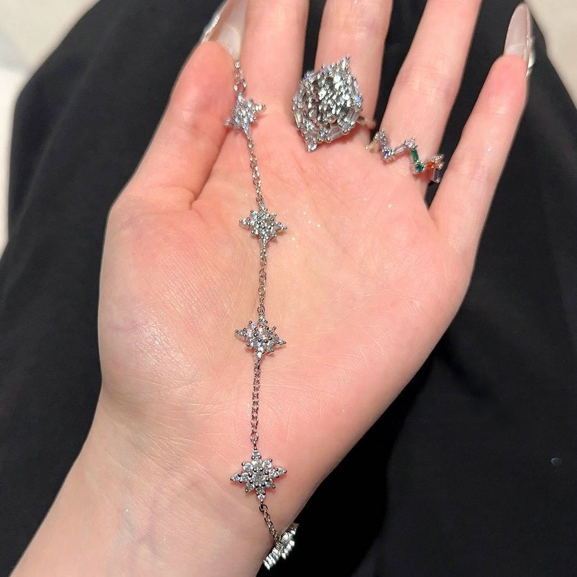 Sparkling Star River Meteor Gem Bracelet with 18K Gold Star Charm Square Sugar Zircon Ring Stacked