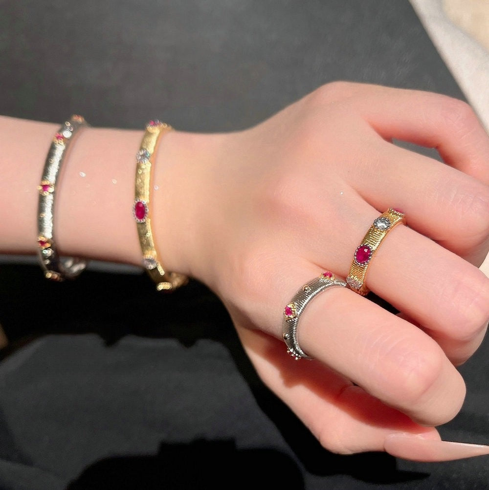 Weaving pattern carved gold snowflake gemstone bracelet antique feeling plated 18K gold curved brushed zircon ring set
