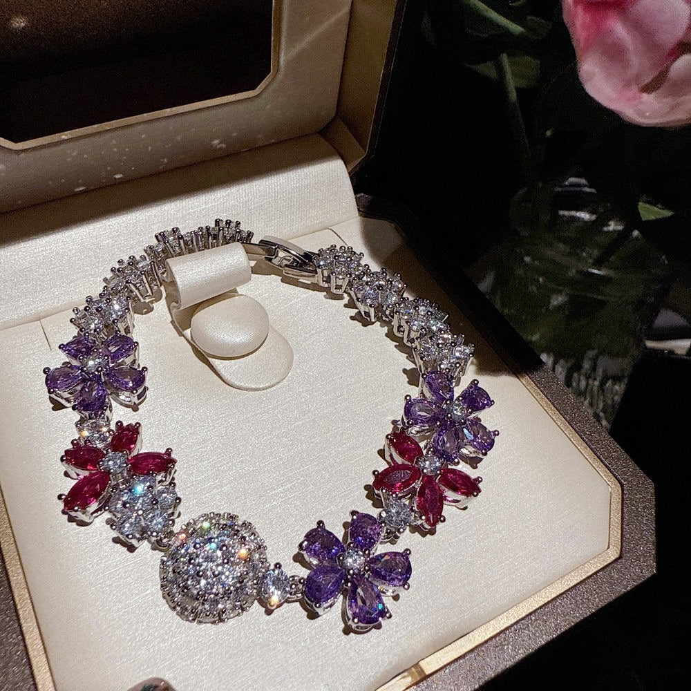 Peach Blossom Sea Iris Purple Blossom Gemstone Necklace Banquet High Order Lavender Purple Sugar Zircon Neck Chain Set