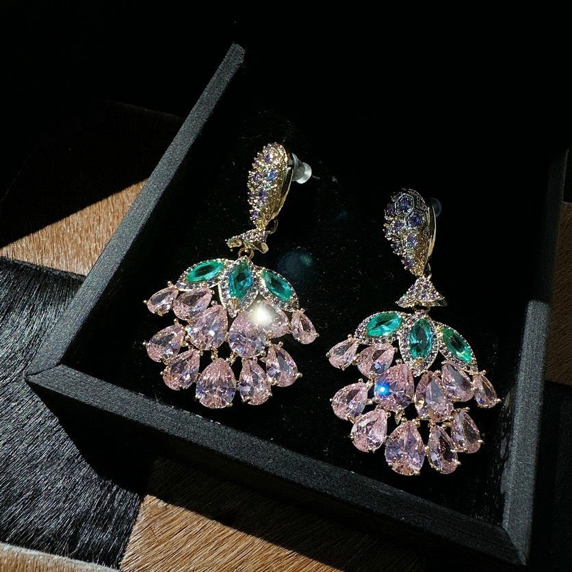 Papalacha pink gemstone grape string earrings with antique feel plated 18K gold Barbie pink flower bouquet zircon earrings