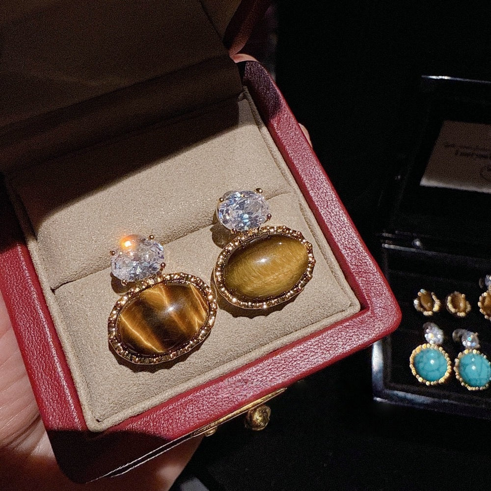 Jewelry antique style natural tiger eye stone earrings attract wealth and show off white, yellow, turquoise, diamond studded temperament earrings