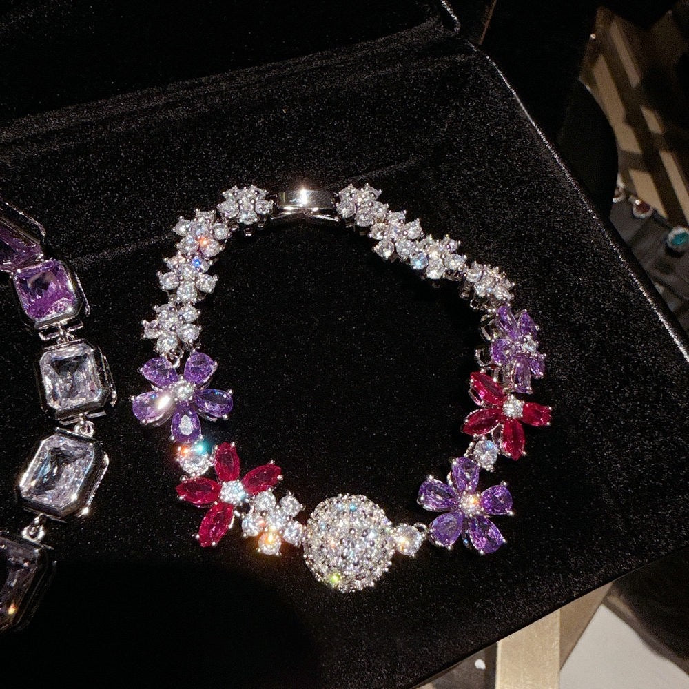 Peach Blossom Sea Iris Purple Blossom Gemstone Necklace Banquet High Order Lavender Purple Sugar Zircon Neck Chain Set