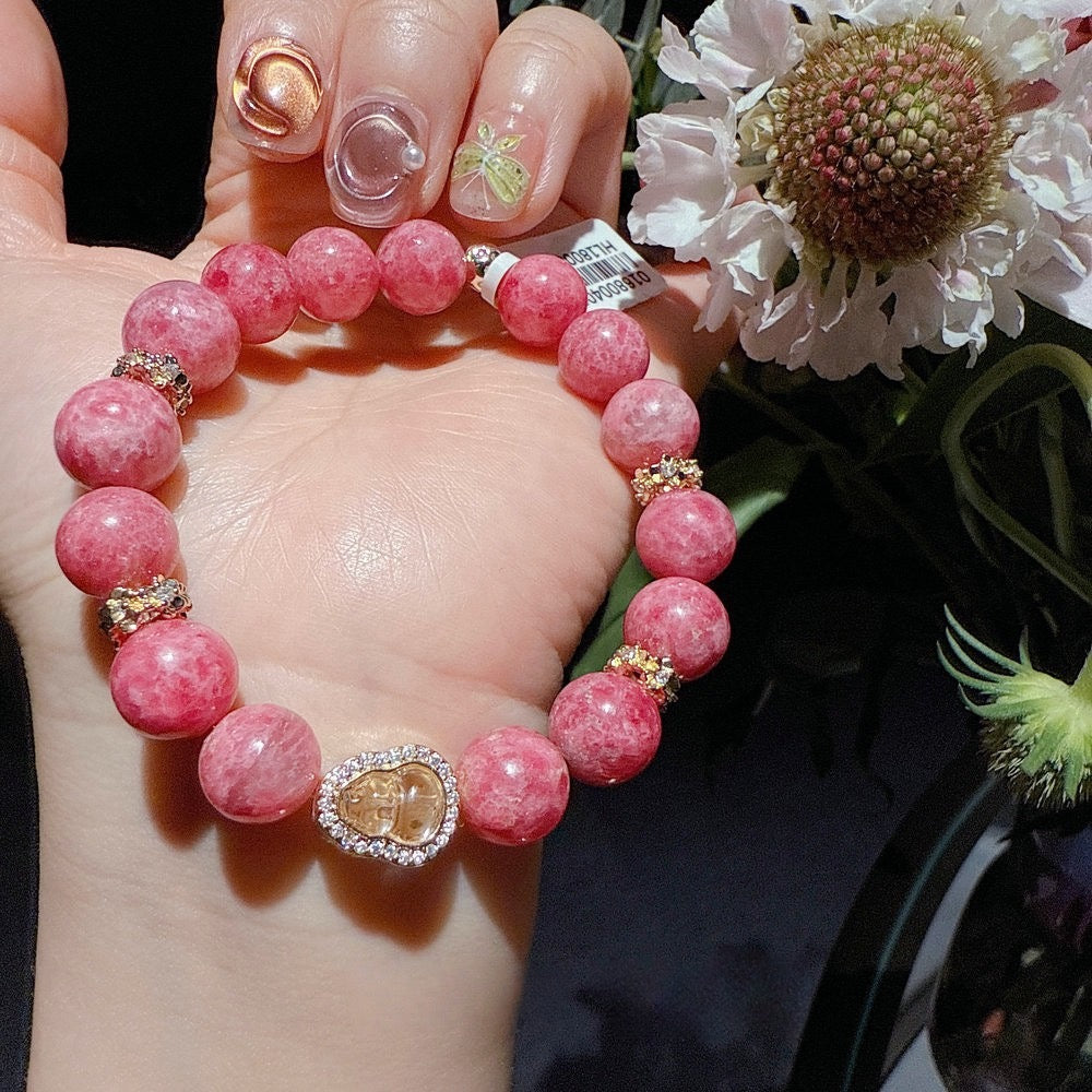 Filigree Gilded Peach Flower Sea Rose Fluorite Gourd Flower God Handstring Jewelry Pollen Zircon Bracelet Set