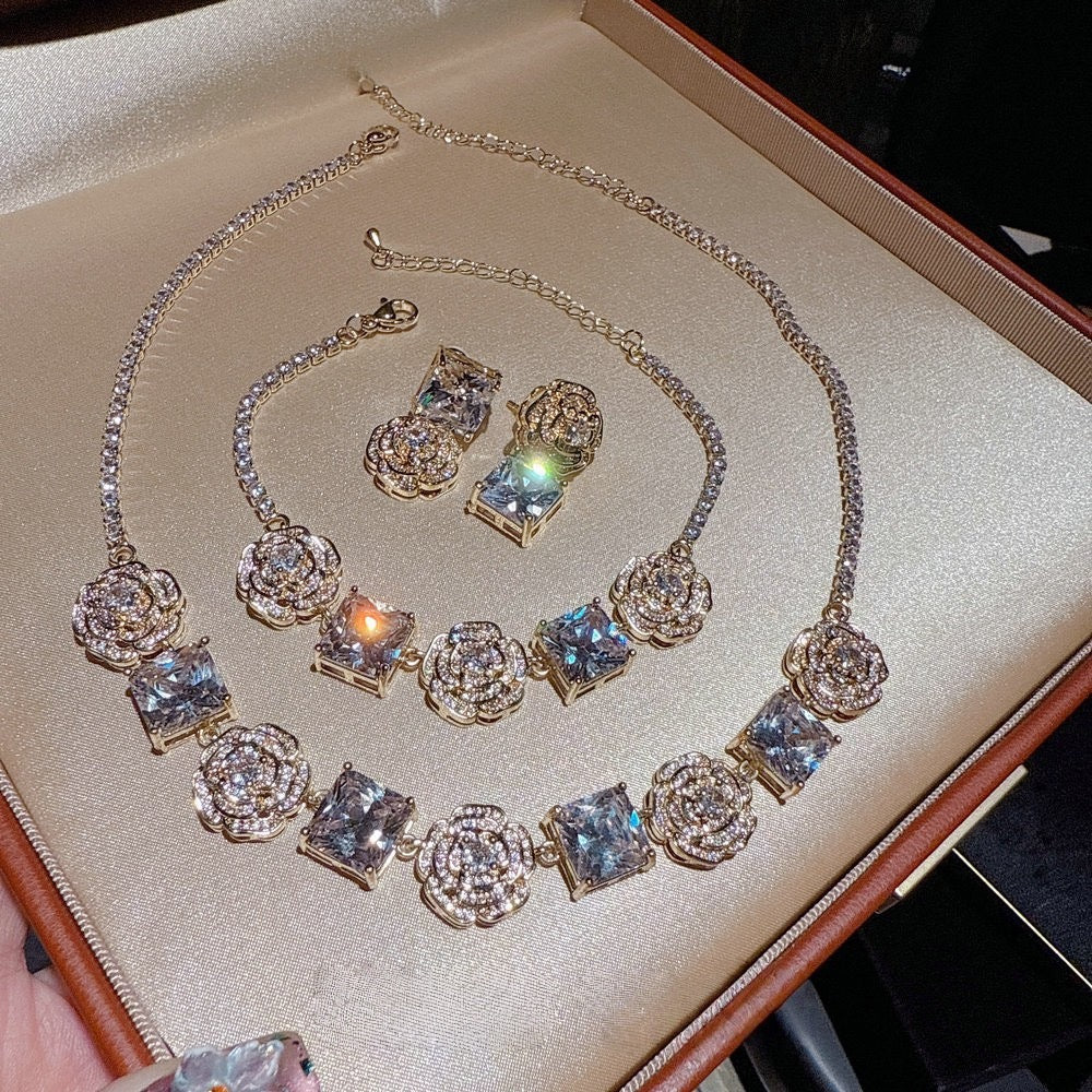 Flower Fairy Rose Pink Square Gemstone Necklace Papalacha 18K Gold Plated Camellia Pollen Zircon Bracelet