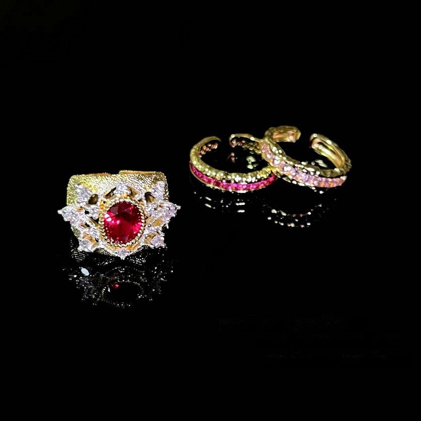 Weaving pattern carved gold snowflake gemstone ring Vintage plated 18K gold rouge powder cubic sugar zircon ring layered