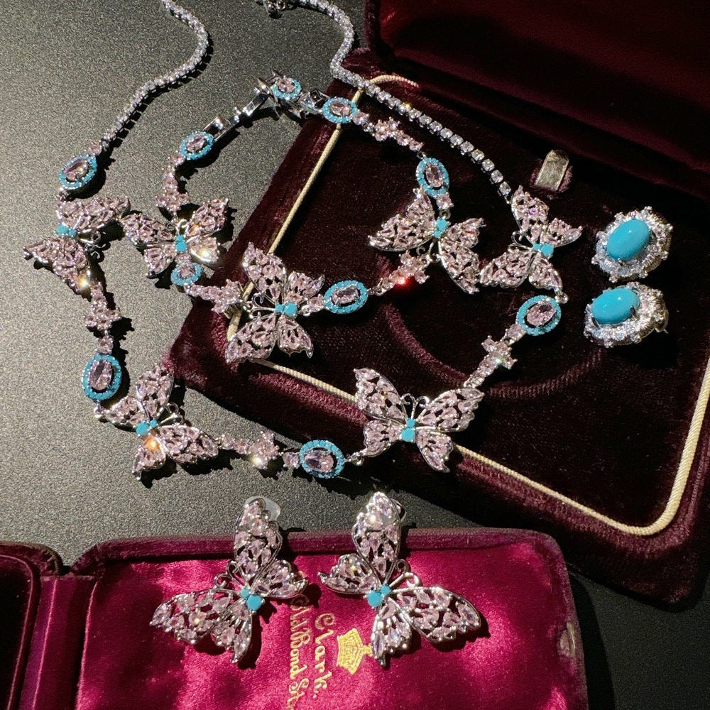 Margaret Frost Flower Butterfly Gemstone Necklace Vintage 18K Gold Plated Fairy Butterfly Zircon Bracelet Set
