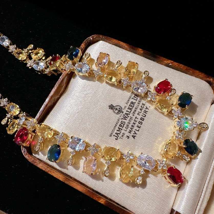 Rainbow raindrop gemstone necklace antique plated 18K gold noblewoman rouge flower zircon earrings