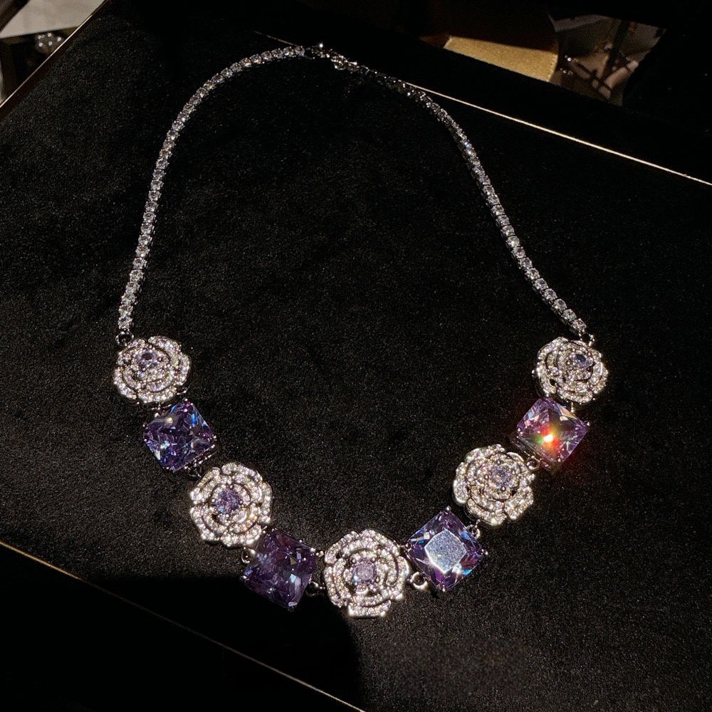 Flower Fairy Rose Pink Square Gemstone Necklace Papalacha 18K Gold Plated Camellia Pollen Zircon Bracelet