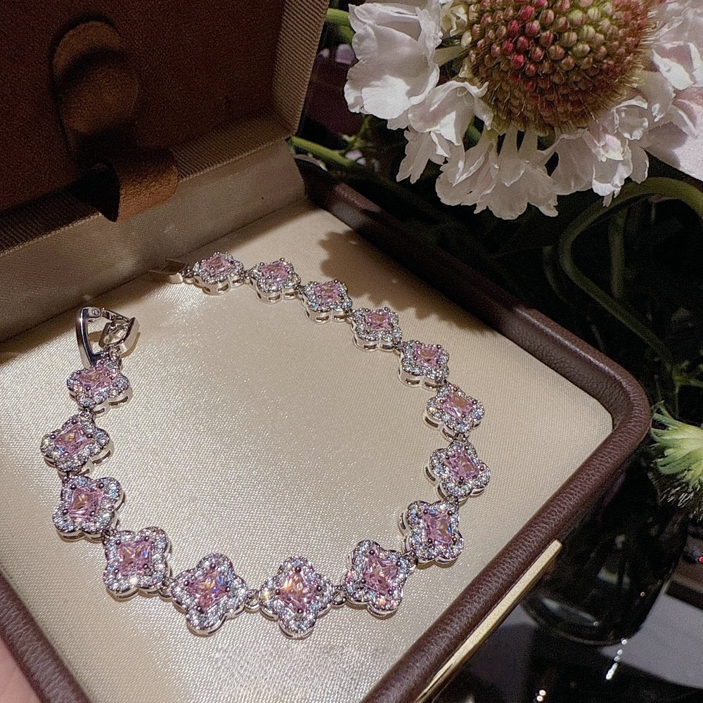 Filigree Gilded Peach Flower Sea Rose Fluorite Gourd Flower God Handstring Jewelry Pollen Zircon Bracelet Set