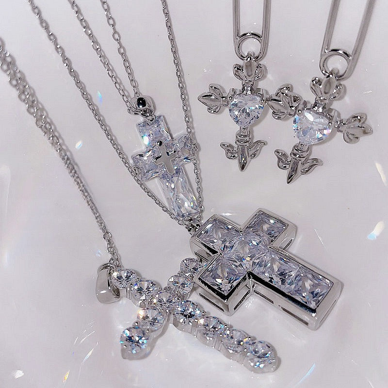Sparkling Flowing Light Cross Gemstone Earrings Plated with 18K Gold Multi faceted Pendant, Tassel Colored Treasure Zircon Sparkling Diamond Earrings