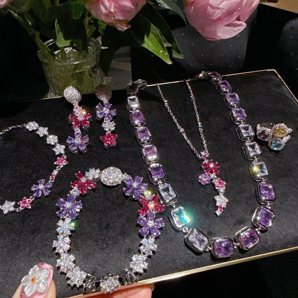 Peach Blossom Sea Iris Purple Blossom Gemstone Necklace Banquet High Order Lavender Purple Sugar Zircon Neck Chain Set