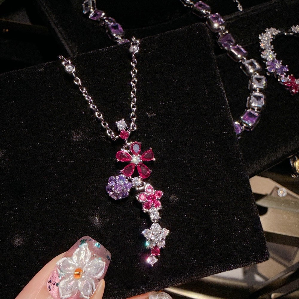 Peach Blossom Sea Iris Purple Blossom Gemstone Necklace Banquet High Order Lavender Purple Sugar Zircon Neck Chain Set