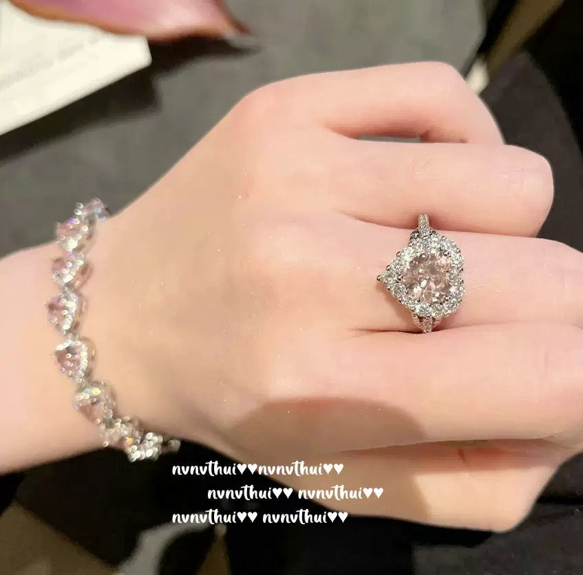Sweetheart Peach Pink Heart-shaped Gemstone Bracelet, Starry River Sparkling 18K Gold Plated, Candy Pink Heart-shaped Zircon Necklace, Ring, Set