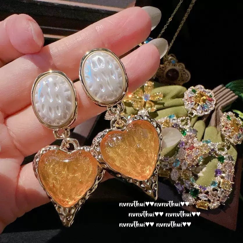 Macaron gemstone flower hoop earrings, Vintage 18K gold plated, Twilight Yellow hand-held flower zirconia