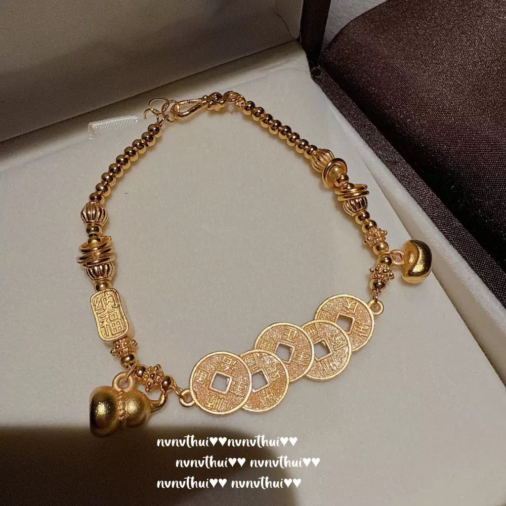 Ancient-style golden inlaid star-shaped small yellow fish coiled bracelet, new Chinese style, rich lady, copper coin gourd fortune bead bracelet
