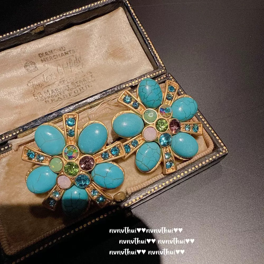 Italian vintage relief petal turquoise teardrop earrings, courtly teardrop blue turquoise ear pendants