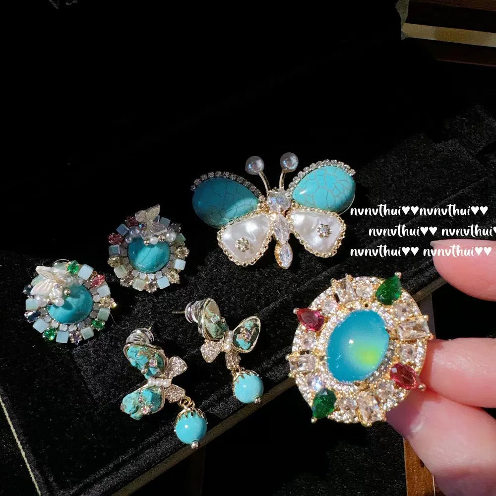 Wattier blue turquoise butterfly pearl earrings, Sotheby's, Turkish blue chalcedony, drop zircon
