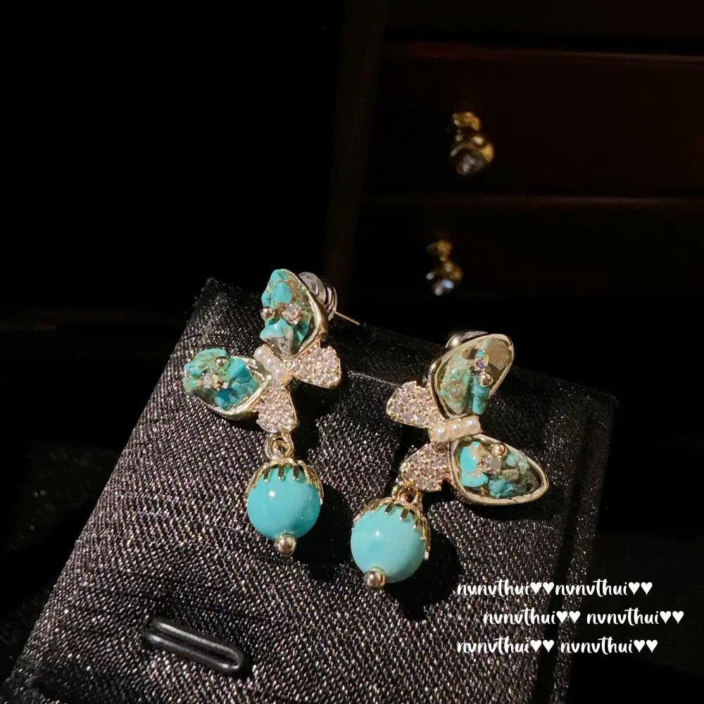 Wattier blue turquoise butterfly pearl earrings, Sotheby's, Turkish blue chalcedony, drop zircon