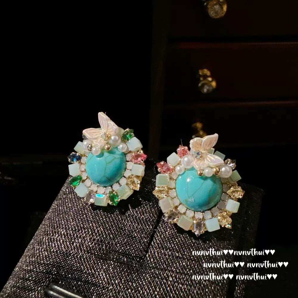 Wattier blue turquoise butterfly pearl earrings, Sotheby's, Turkish blue chalcedony, drop zircon