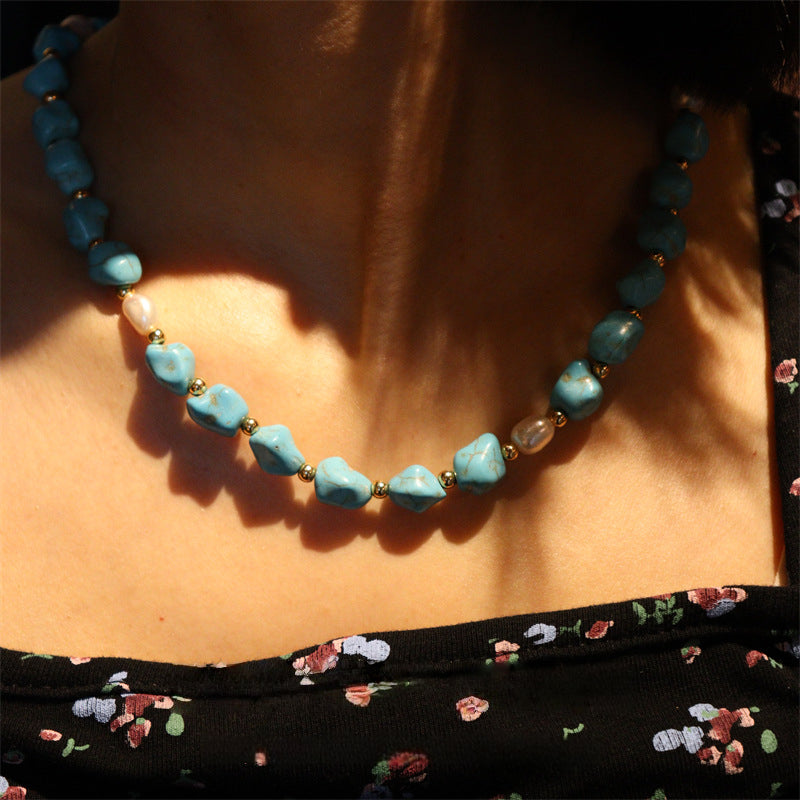 French turquoise natural freshwater pearl interval bead temperament gold-plated earrings necklace for women