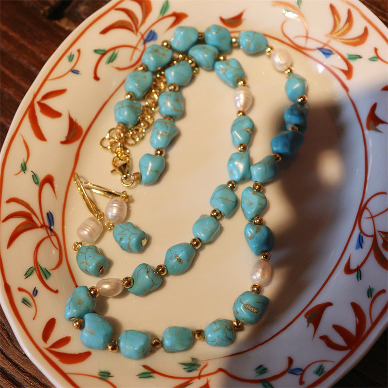 French turquoise natural freshwater pearl interval bead temperament gold-plated earrings necklace for women