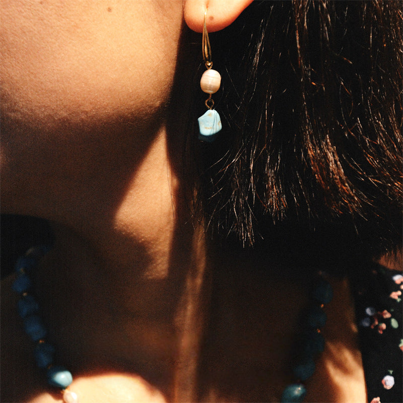French turquoise natural freshwater pearl interval bead temperament gold-plated earrings necklace for women