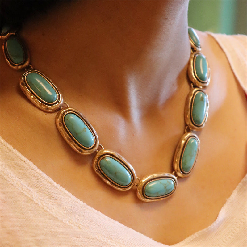 Designer style green turquoise necklace earring set, vintage collarbone chain 925 silver needle earrings for women