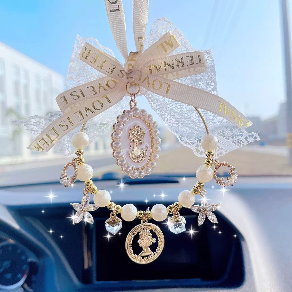 French Goddess Car Charm, Interior Hanging Decorative Pendant, Bowknot Rearview Mirror Ornament, Automotive Interior Accessories