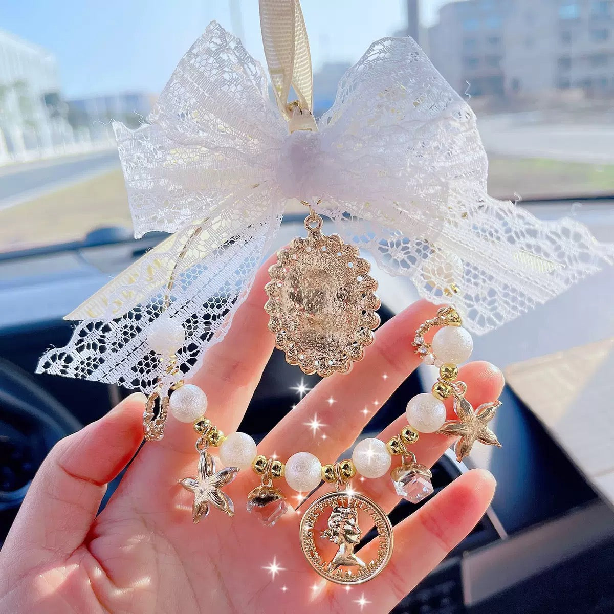 French Goddess Car Charm, Interior Hanging Decorative Pendant, Bowknot Rearview Mirror Ornament, Automotive Interior Accessories