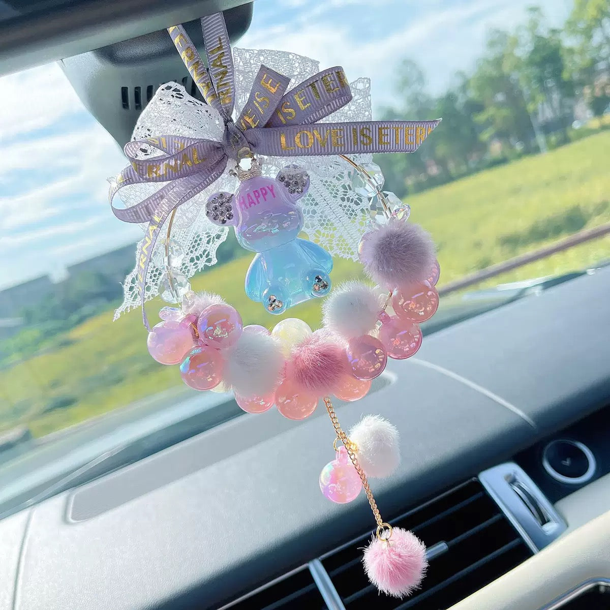 Morandi cute bear car hanging ornament, healing rearview mirror pendant decoration, car interior accessory, car supplies.
