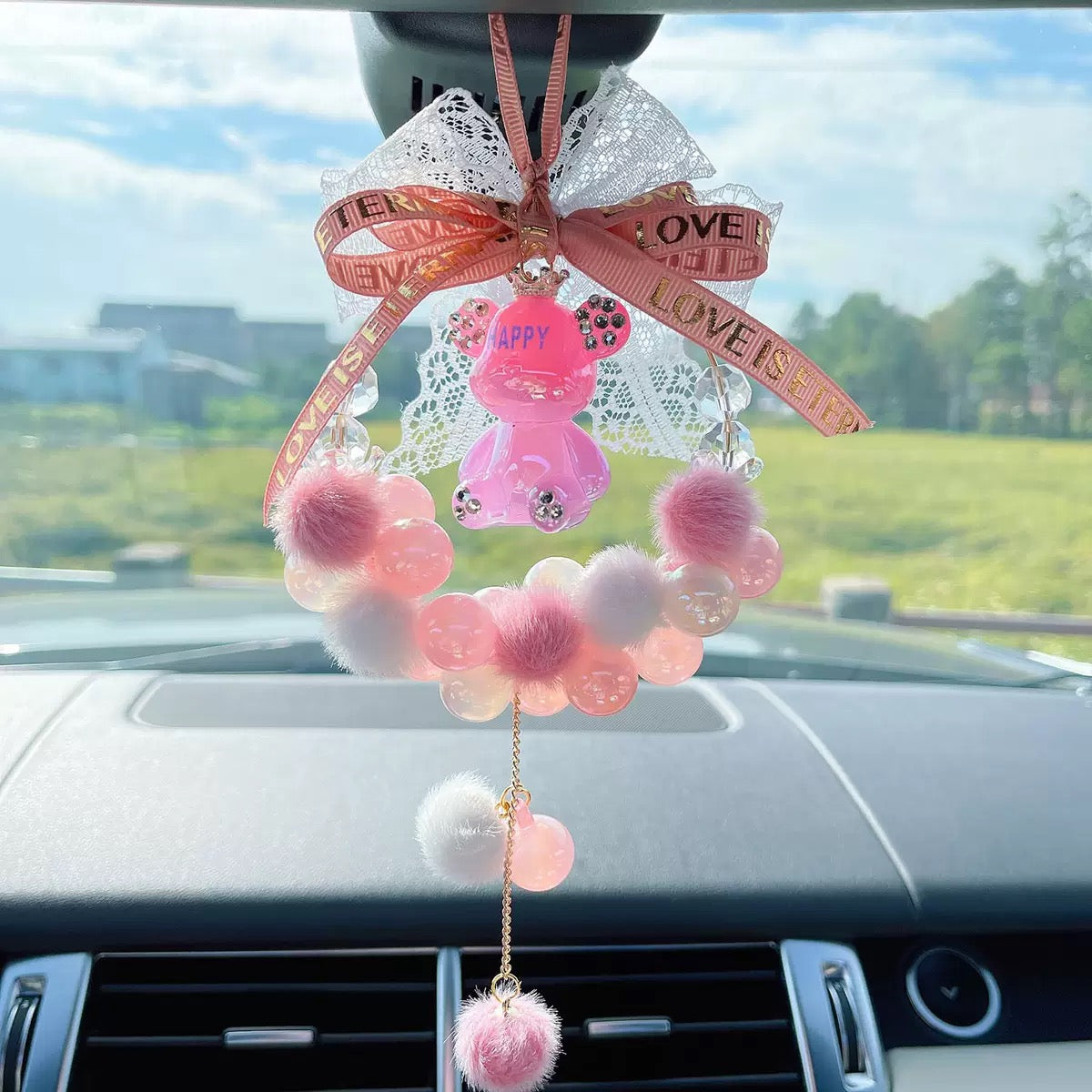 Morandi cute bear car hanging ornament, healing rearview mirror pendant decoration, car interior accessory, car supplies.