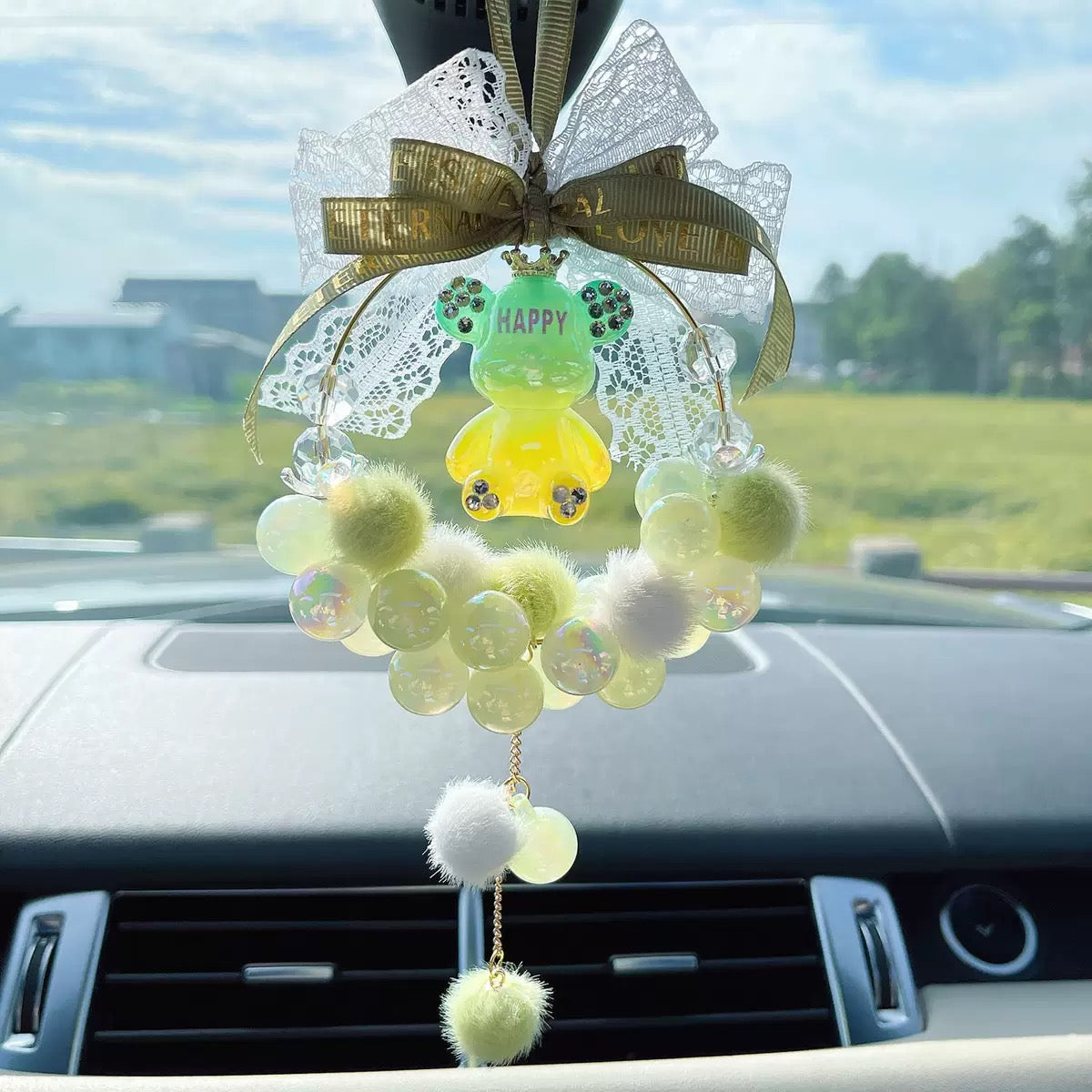 Morandi cute bear car hanging ornament, healing rearview mirror pendant decoration, car interior accessory, car supplies.