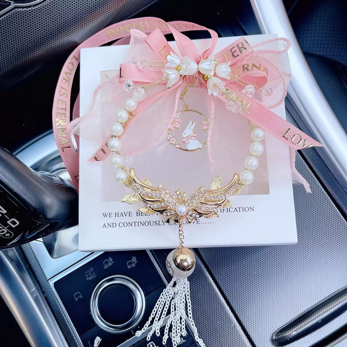 Lily of the Valley Bunny Car Charm, Tassel Car Mirror Decoration, Interior Car Hanging Ornament