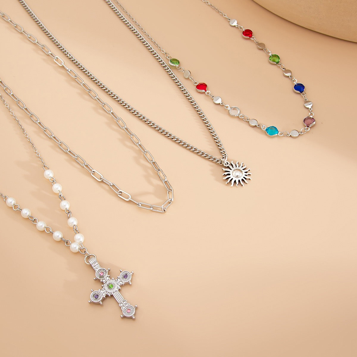 Cross necklace for both men and women, high-end hip-hop fashion sun pendant crystal choker jewelry,Necklace set
